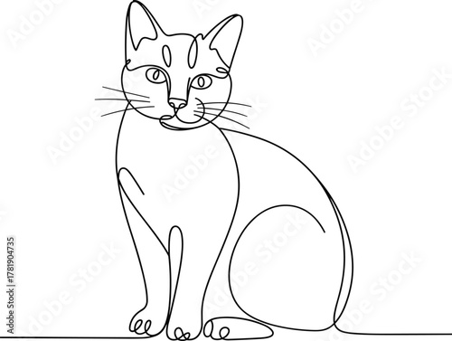 Single line drawing of a sitting cat with pointed ears and whiskers feline animal