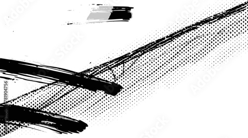 Abstract black brush strokes and halftone pattern on