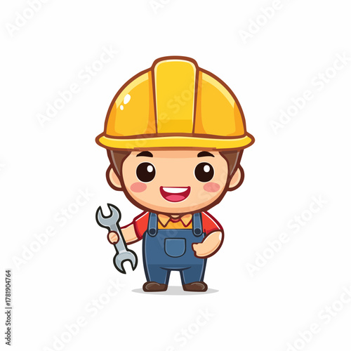 Cute Cartoon Builder Character with Construction Helmet Holding Wrench