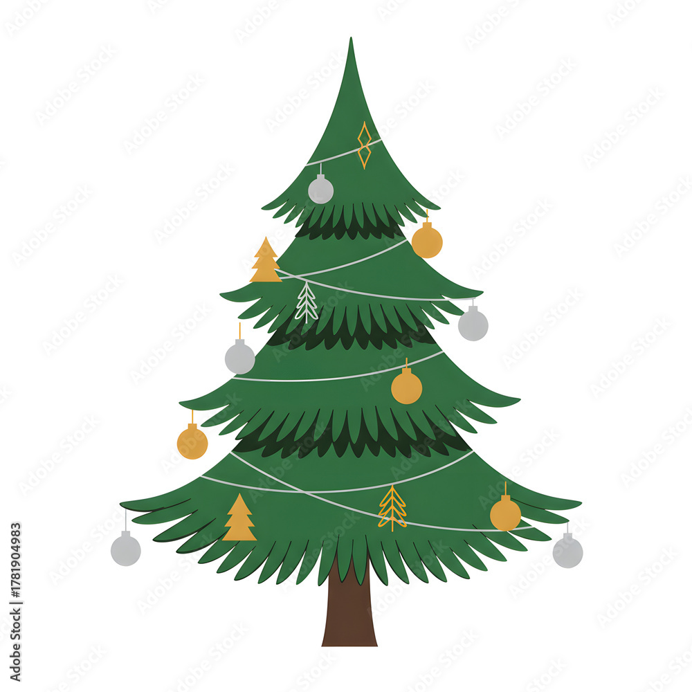Obraz premium Stylized Christmas tree decorated with gold and silver ornaments and string lights. Modern vector illustration with a natural texture, perfect for sophisticated holiday greetings and minimalist winter