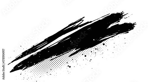 Abstract black ink brush stroke with halftone pattern