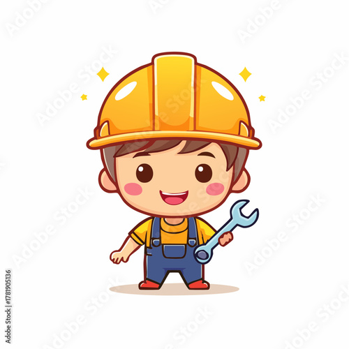 Adorable cartoon builder character wearing a vibrant yellow construction helmet, cheerfully smiling and holding a shiny wrench, ready to assist with various repair and building tasks