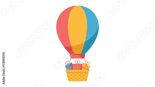 Hot Air Balloon with Gift: The vibrant hot air balloon floats gracefully, carrying delightful gifts, a symbol of adventure, celebration and special occasion.