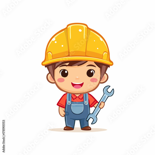 Cartoon Construction Worker with a Wrench, Smiling, Ready for Work and Repairs - Cute Illustration