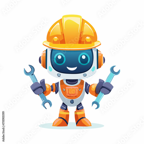 Cute cartoon robot builder wearing a hard hat and holding wrenches, ready for construction work, vector art