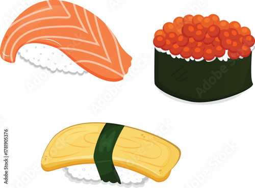 Three delicious pieces of sushi salmon nigiri, salmon roe gunkanmaki, and tamagoyaki omelet sushi on white background