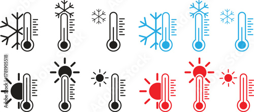 Thermometer icons set showing hot and cold temperature symbols with sun and snowflake, weather forecast indicators, climate measurement, summer and winter season black, blue and red flat vectors.