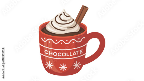 Cozy Cocoa Delight: A cheerful illustration of a steaming mug brimming with rich cocoa, crowned with a swirl of whipped cream and a cinnamon stick, promising warmth and comfort.