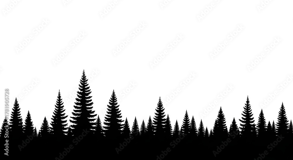 Fototapeta premium A dense forest of evergreen coniferous trees silhouetted against a white background.