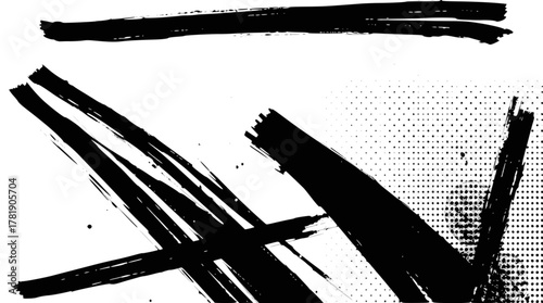 Abstract black brush strokes and halftone pattern