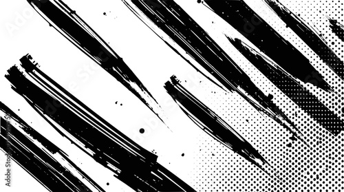 Dynamic black brush strokes and halftone pattern