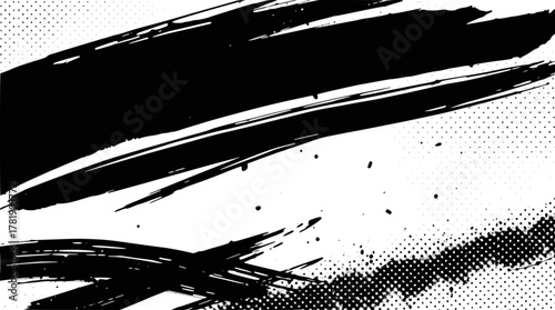 Dynamic black ink brush strokes and halftone dots on