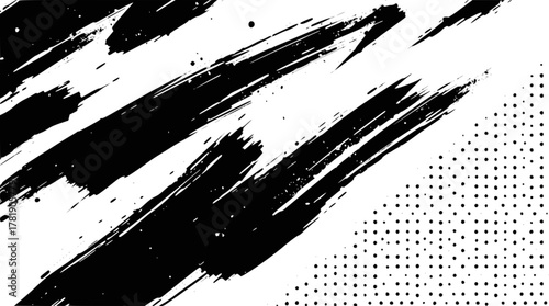 Abstract black brush stroke and halftone pattern on