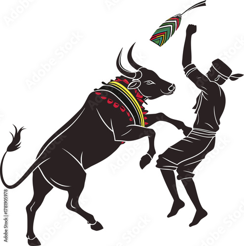 man confronting decorated bull reaching for prize in traditional south indian festival scene