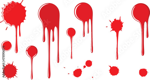 Red paint splatters drips and dots arranged across a white background
