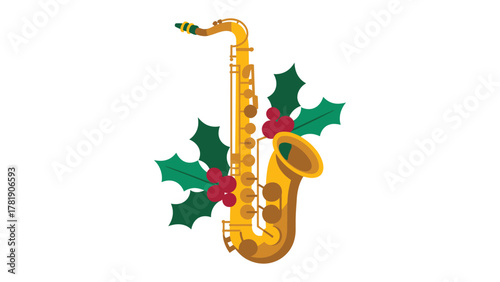 Holiday Harmony: A festive saxophone adorned with seasonal holly and berries, conjuring the sounds of the holiday season, embodying cheer, and melodic spirit.