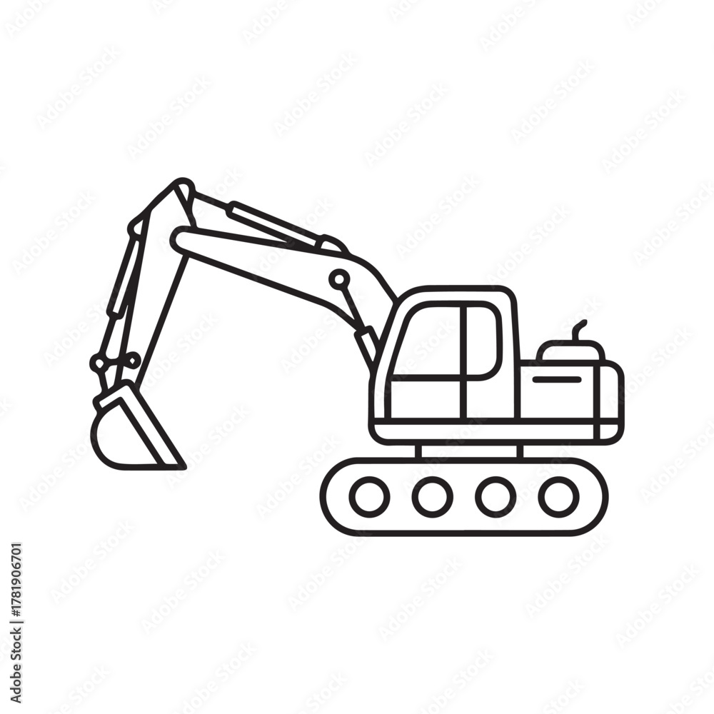 Naklejka premium Excavator linear icon. Construction machinery outline symbol. Heavy equipment for digging and building. Simple digger vector illustration isolated on white. 