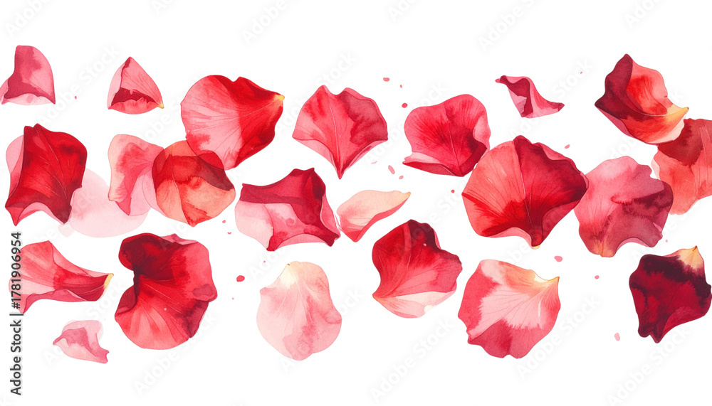 Fototapeta premium Red rose petals scattered on a white background