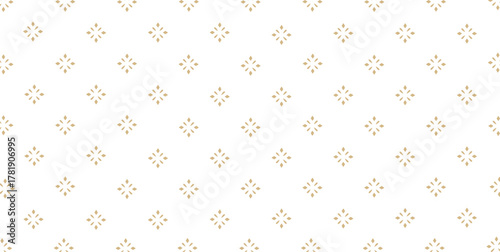 Golden vector seamless pattern with small diamonds, star shapes, rhombuses. Abstract gold and white geometric texture. Simple minimal wide repeat background. Luxury design for decor, wallpaper,	