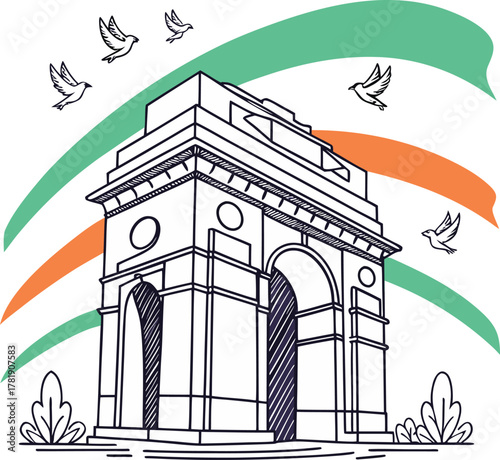 india gate monument with flying birds tricolor swoosh and plants in patriotic indian scene