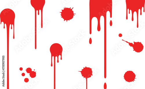 Red paint splatters  drips on a white background varying in size shape  distribution