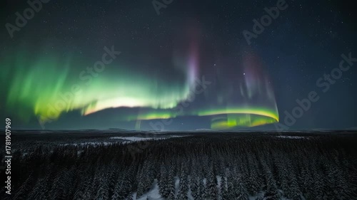 Spectacular Aurora Borealis Dancing Over Snowy Landscape.