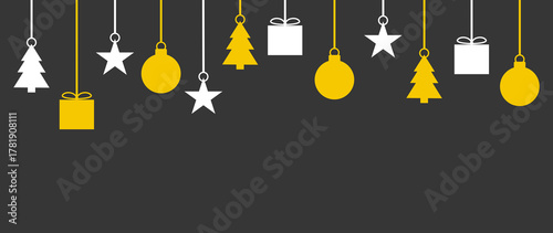 Vorlage für Weihnachtskarte mit hängendem Weihnachtsschmuck in gelb und weiss