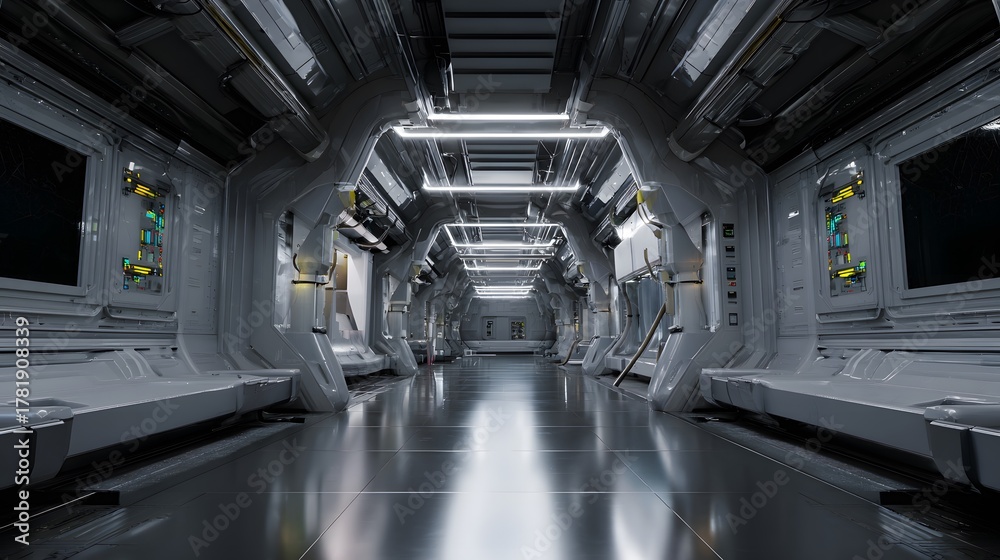 Obraz premium Sleek spaceship interior showcases futuristic design and ambient lighting a serene sci-fi vision
