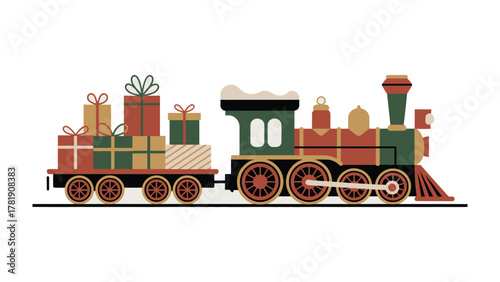 Festive Journey: A whimsical train merrily chugs along, its carriages laden with beautifully wrapped presents, embodying the spirit of celebration and gift-giving.