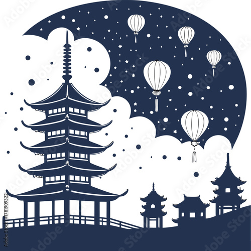 pagoda with bridge and lanterns under starry night sky with moon and clouds in festive asian scene