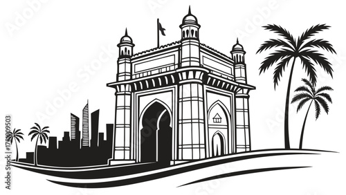 Illustration of gateway of india with palm trees and city skyline in black and white style drawing created with generated ai