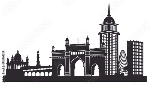 Black silhouette of a city skyline featuring various architectural landmarks and modern buildings design created with generated ai