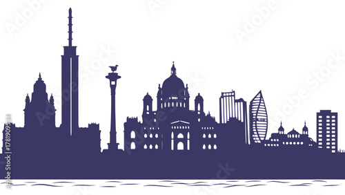 Silhouette of a cityscape with various buildings and structures against a white background view of the city created with generated ai