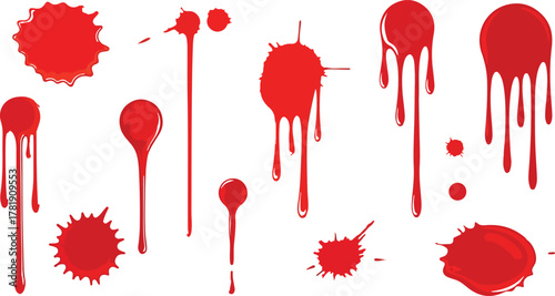 Red paint splatters in various forms drips and blots on a white surface