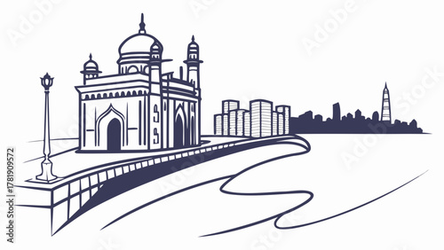 Illustration of a coastal city skyline with a prominent mosque and modern buildings drawn in line art created with generated ai