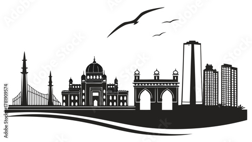 Black silhouette of a city skyline with various buildings and birds in the sky on a white background created with generated ai