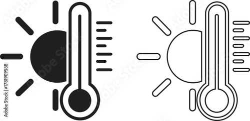 Thermometer icon set showing hot weather, temperature rise, heatwave, summer climate control, sunlight and warm indicator symbol, heat measurement tools in black flat and outline vectors illustration.