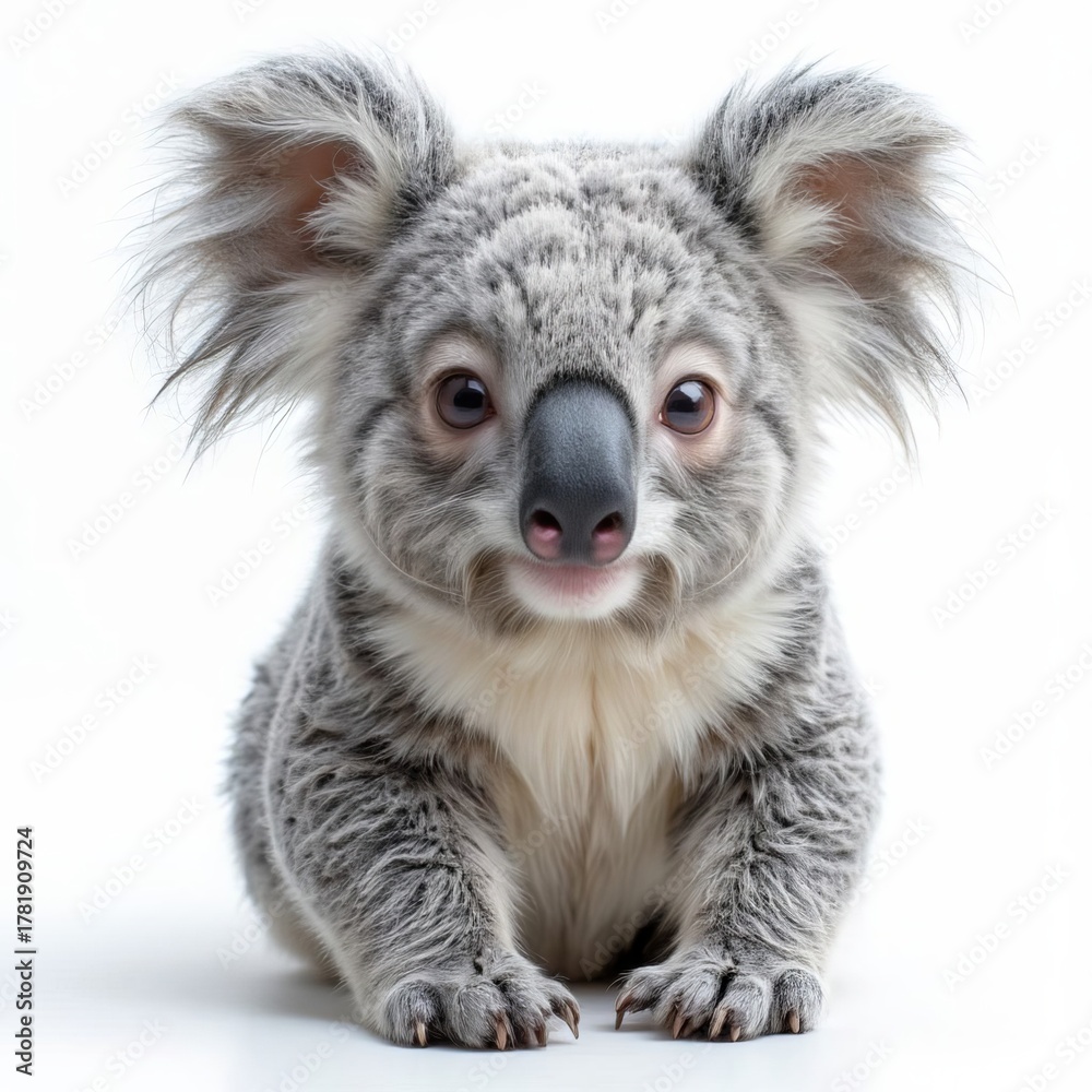 Fototapeta premium Close-up of a young koala on a white background. A symbol of Australia, ecotourism and biodiversity. Clear details, high resolution, space for text. Ideal for drains and decoration