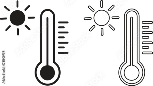 Thermometer icon set showing hot weather, temperature rise, heatwave, summer climate control, sunlight and warm indicator symbol, heat measurement tools in black flat and outline vectors illustration.