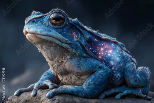 a blue frog with a galaxy on its skin, sitting on a rock, with a night sky background.