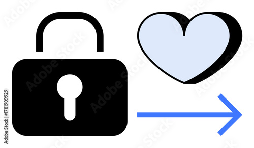 Padlock next to a heart with a connecting arrow, symbolizing security, love, and forward motion. Ideal for privacy, trust, romance, protection commitment personal growth online security. Simple