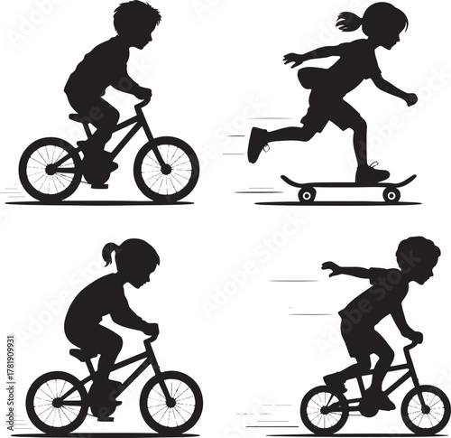 Children silhouettes riding bicycles and skateboarding