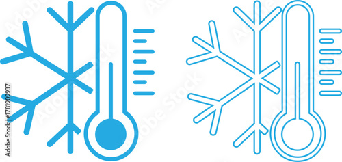 Thermometer icon set showing temperature measurement, weather cold indicator, climate control, heat and freeze symbols, winter and summer gauge elements in blue flat and outline vectors illustration.