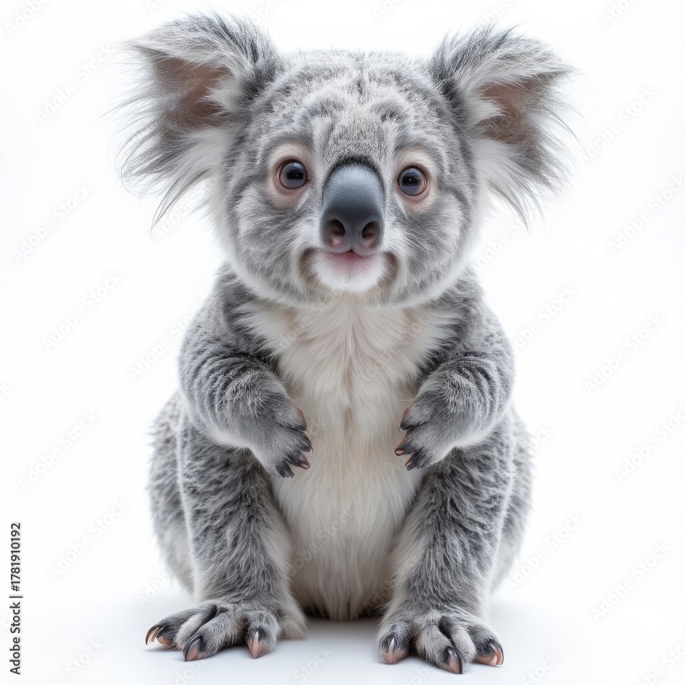 Fototapeta premium Close-up of a young koala on a white background. A symbol of Australia, ecotourism and biodiversity. Clear details, high resolution, space for text. Ideal for drains and decoration