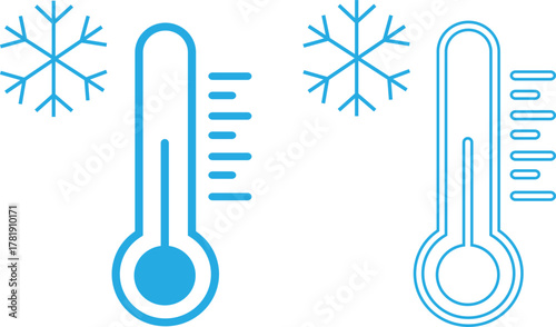 Thermometer icon set showing temperature measurement, weather cold indicator, climate control, heat and freeze symbols, winter and summer gauge elements in blue flat and outline vectors illustration.