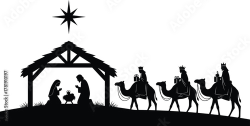 Silhouette nativity scene illustration with holy family, star of Bethlehem, three wise men on camels, Christmas religious tradition artwork