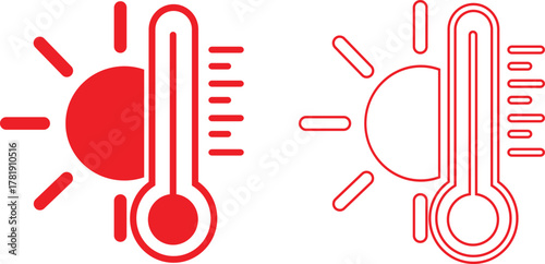 Thermometer icon set showing hot weather, temperature rise, heatwave, summer climate control, sunlight and warm indicator symbol, heat measurement tools in red flat and outline vectors illustration.