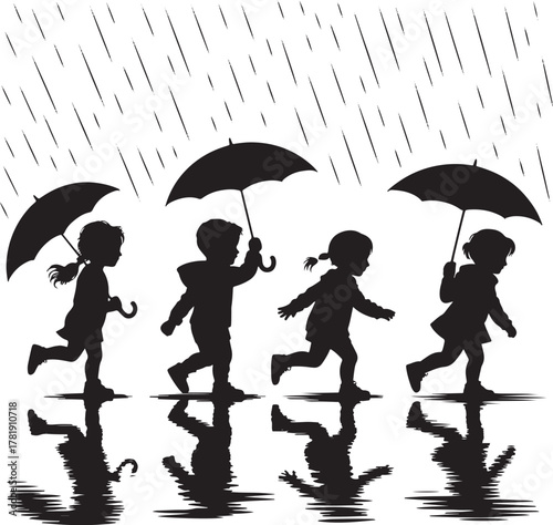 Four children silhouettes walking with umbrellas in the rain