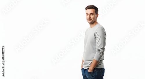 A man in a gray long-sleeve shirt and jeans, standing against a white background with his hands in his pockets, looking off to the side with a slight smile.