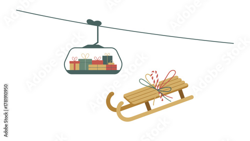 Festive Transport: A whimsical scene unfolds as a cable car, filled with neatly wrapped gifts, glides alongside a charming wooden sled, evoking the joy of winter festivities.
